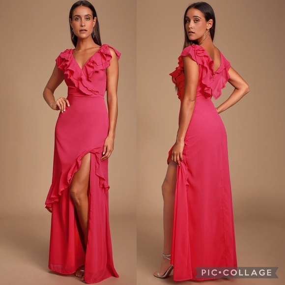 Lulus Love From Above Pink Ruffled Surplice Front Wrap Style Maxi Dress Size S - Picture 1 of 16